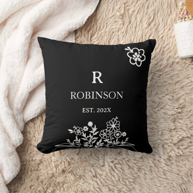 Coussin Monogramme floral noir et blanc initiale personnal (Couverture)