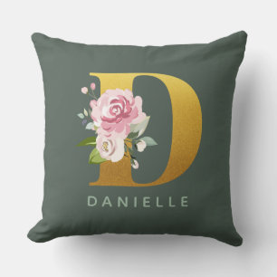 Coussin Monogramme floral personnalisé lettre D en faux or