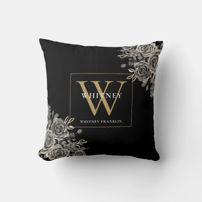 Coussin Monogramme floral personnalisé noir et or (Recto)