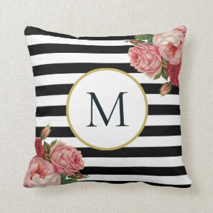 Coussin Monogramme floral rétro à rayures noir chic