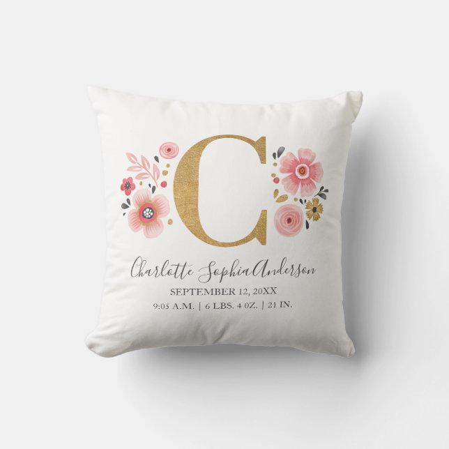 Coussin Monogramme floral rose Lettre initiale C Statistiq (Recto)