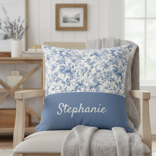 Coussin Monogramme Floral Toile Bleu Vintage