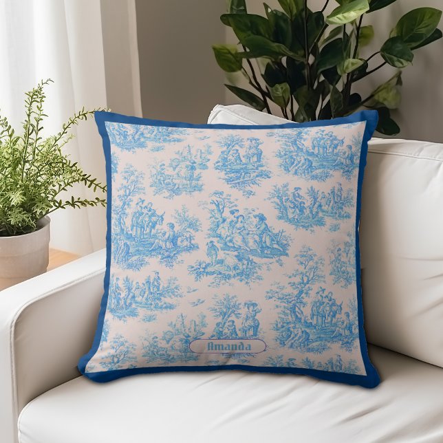 Coussin Monogramme Floral Toile Turquoise Bleu Vintage (Créateur téléchargé)