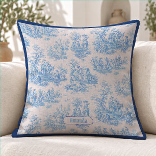 Coussin Monogramme Floral Toile Turquoise Bleu Vintage