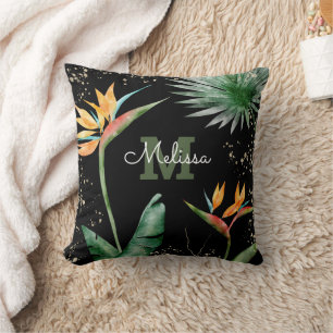 Coussin Monogramme floral Tropical Black Gold Island Scrip