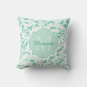 Coussin Monogramme Floral Vert Mint Moderne Avec Nom