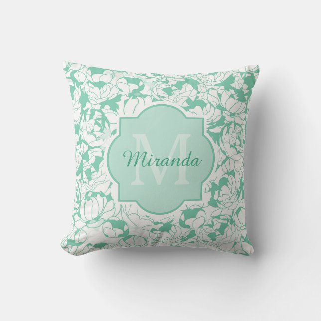Coussin Monogramme Floral Vert Mint Moderne Avec Nom (Recto)