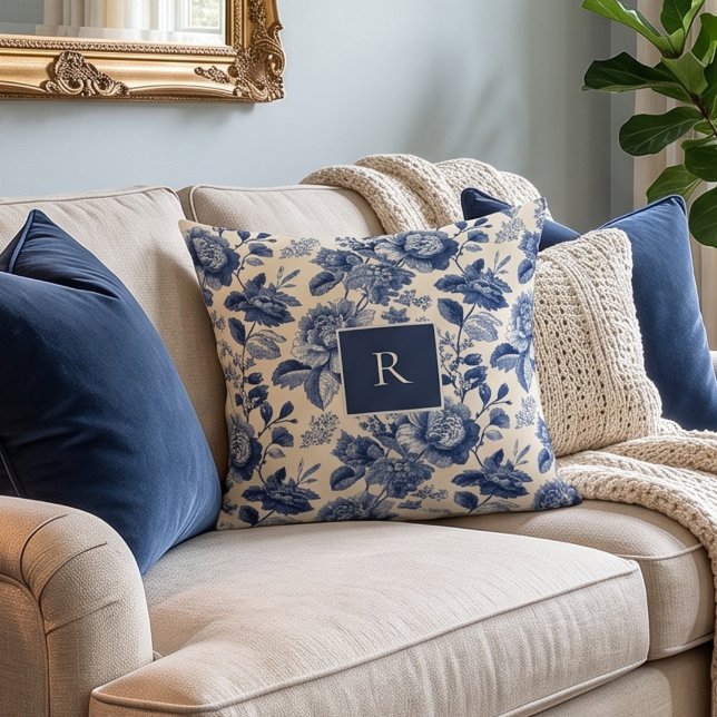 Coussin Monogramme Floral Vintage Bleu Marine  (Créateur téléchargé)