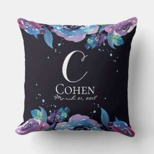 Coussin Monogramme floral violet bleu maussade