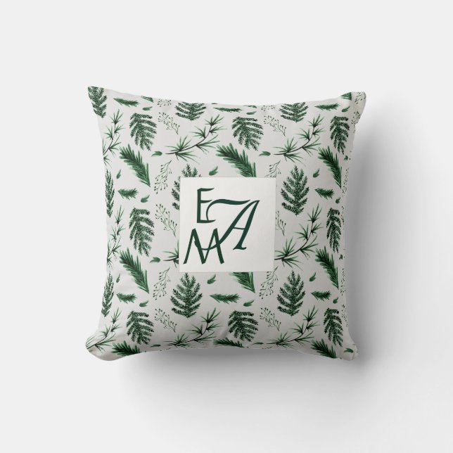 Coussin Monogramme Forêt Vert Feuilles Botanique 3 Initial (Recto)