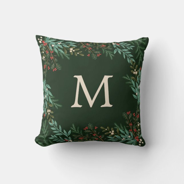 Coussin Monogramme Forme de couronne botanique Noël classi (Recto)