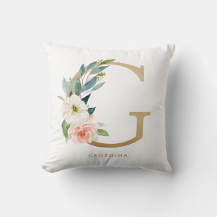 Coussin Monogramme G floral en faux papier d'or