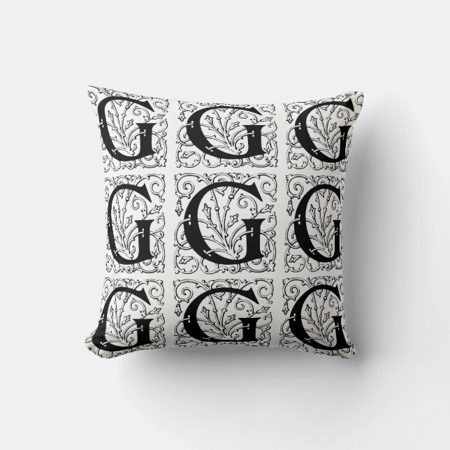 Coussin Monogramme G Modèle floral noir et blanc initial (Recto)