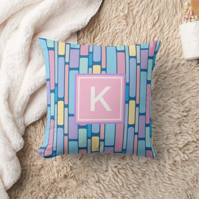 Coussin Monogramme géométrique coloré pour enfants rétro (Couverture)