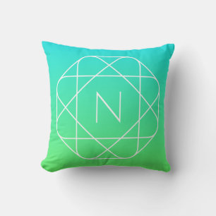 Coussin Monogramme géométrique cool Dégradé bleu et vert