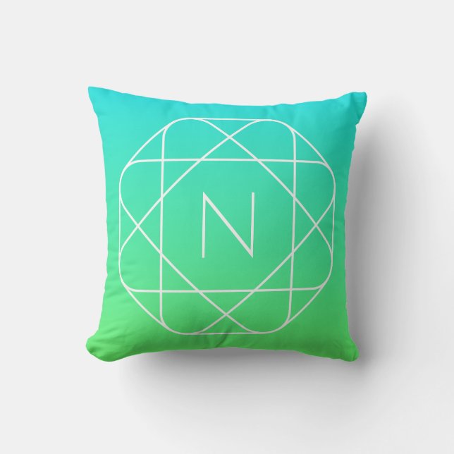 Coussin Monogramme géométrique cool | Dégradé bleu et vert (Recto)