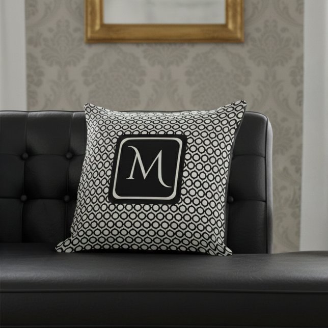 Coussin Monogramme Géométrique Moderne Noir Blanc (Créateur téléchargé)