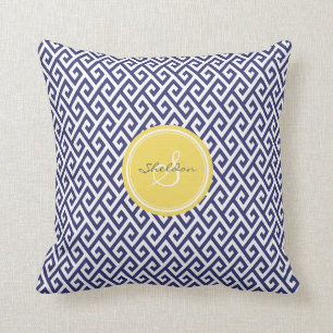 Coussin Monogramme géométrique principal grec bleu chic 