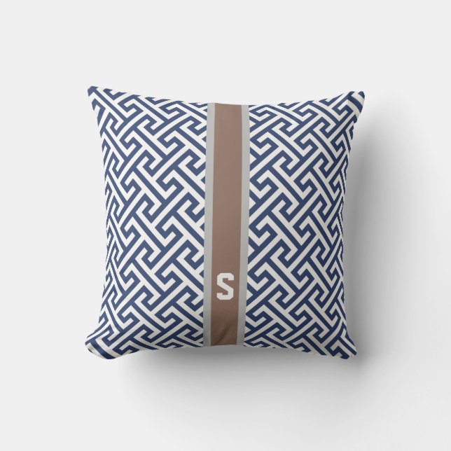 Coussin Monogramme géométrique principal grec bleu chic de (Recto)