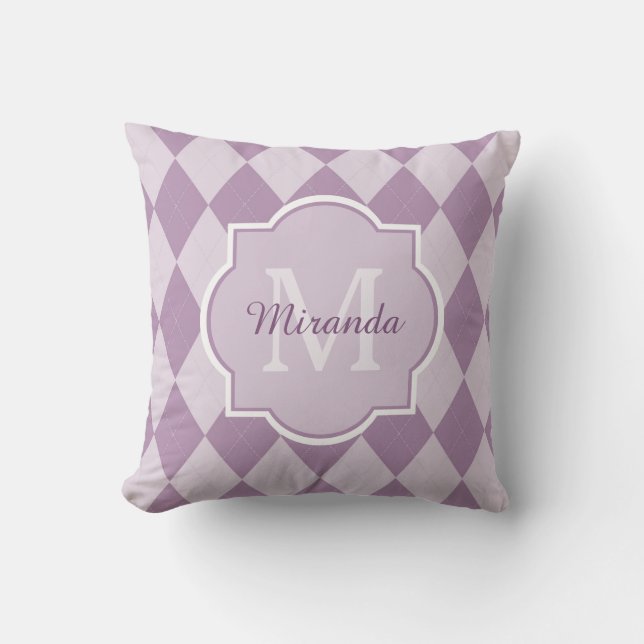 Coussin Monogramme Girly à motifs de losanges mauve-clair (Recto)