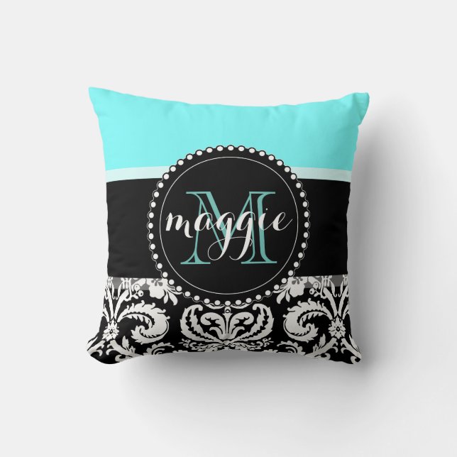 Coussin Monogramme Girly de damassé noire en bon état (Recto)