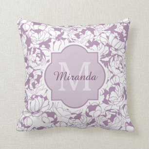 Coussin Monogramme Girly floral pourpre moderne avec le