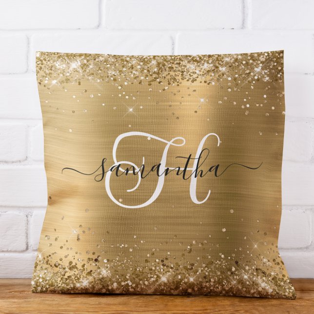 Coussin Monogramme glam or de la Glitterie (Glittery Gold Glam Monogrammed Throw Pillow)