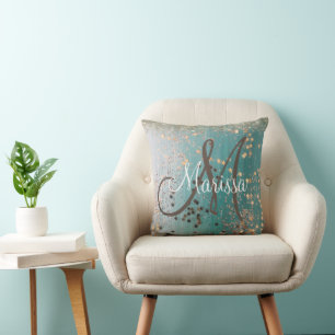 Coussin Monogramme Gold Stars sur Turquoise