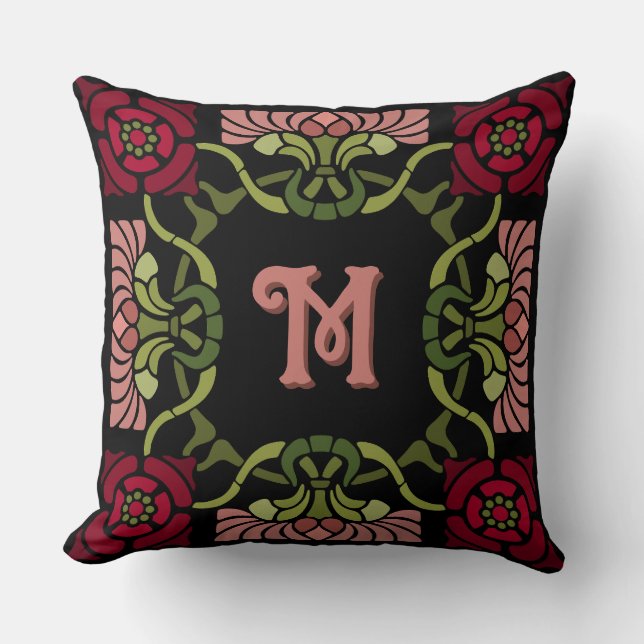 Coussin Monogramme Goth Art Nouveau Rose et Dahlia Reds (Recto)
