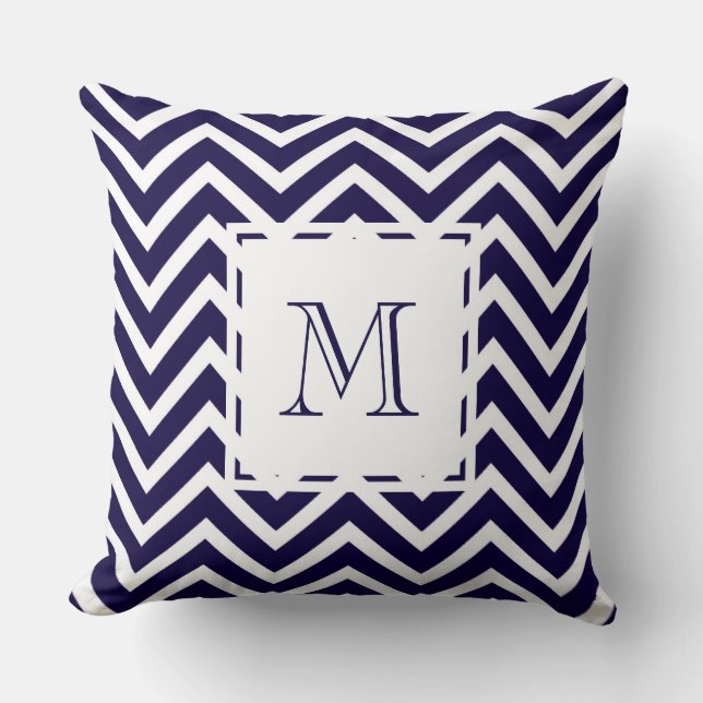Coussin monogramme graphique en chevron bleu marine Zigzag (Recto)