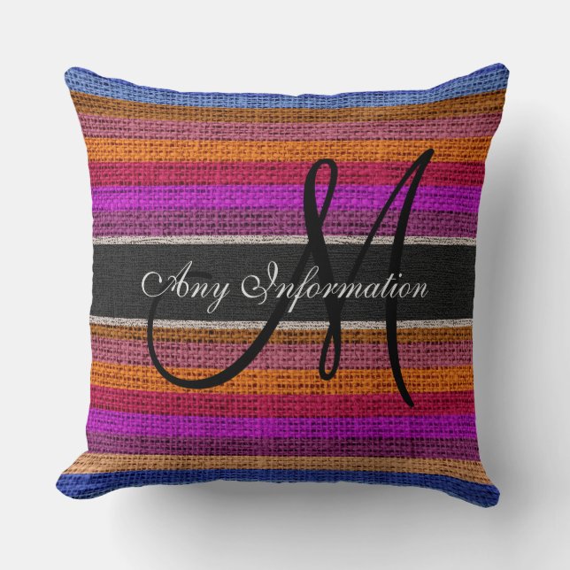 Coussin Monogramme Grilles colorées Burlap Rustique Juute  (Recto)