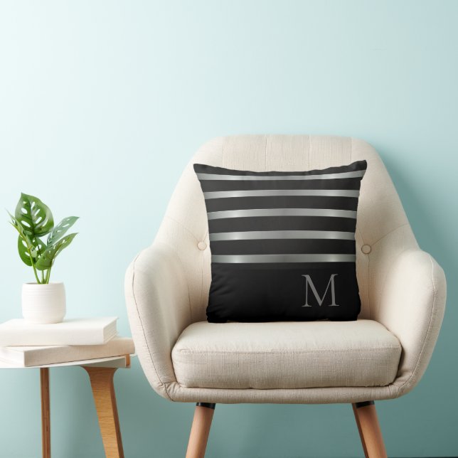 Coussin Monogramme Grilles modernes en argent sur noir (Chaise)