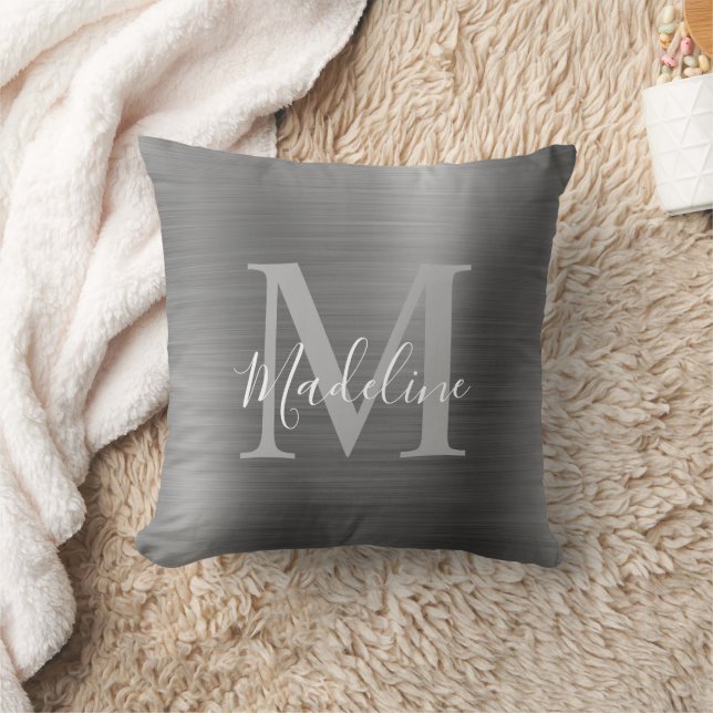 Coussin Monogramme gris argenté moderne en métal brossé (Couverture)