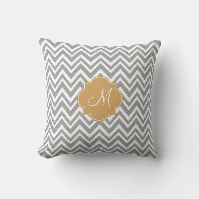 Coussin Monogramme Gris et blanc Motif Chevron avec or (Recto)