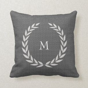 Coussin Monogramme gris-foncé de toile de jute de