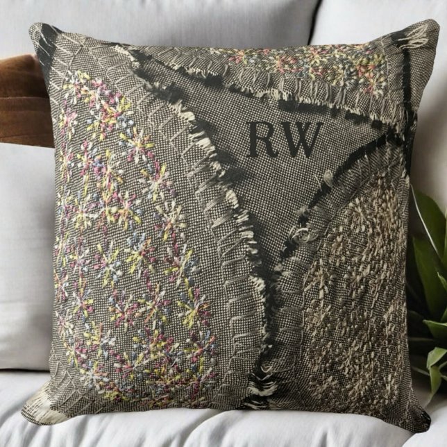 Coussin Monogramme gris imprimé lin look floral grunge (Créateur téléchargé)
