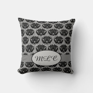 Coussin Monogramme gris noir Damas personnalisé