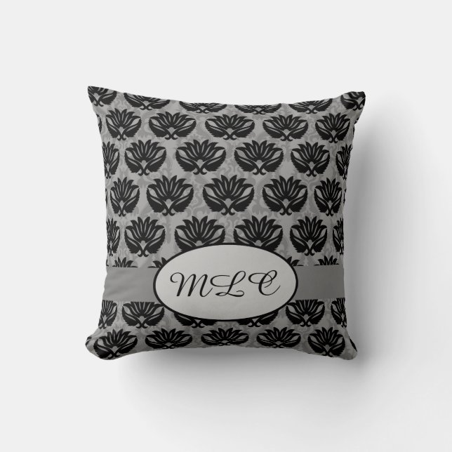 Coussin Monogramme gris noir Damas personnalisé (Recto)