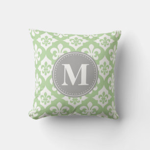 Coussin Monogramme gris vert à la menthe de fleur de lis
