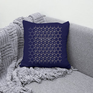 Coussin Monogramme hexagone motif bleu foncé geek initiale