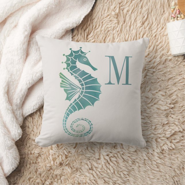 Coussin Monogramme Hippocampe Sarcelle Crème Monogramme Oc (Couverture)