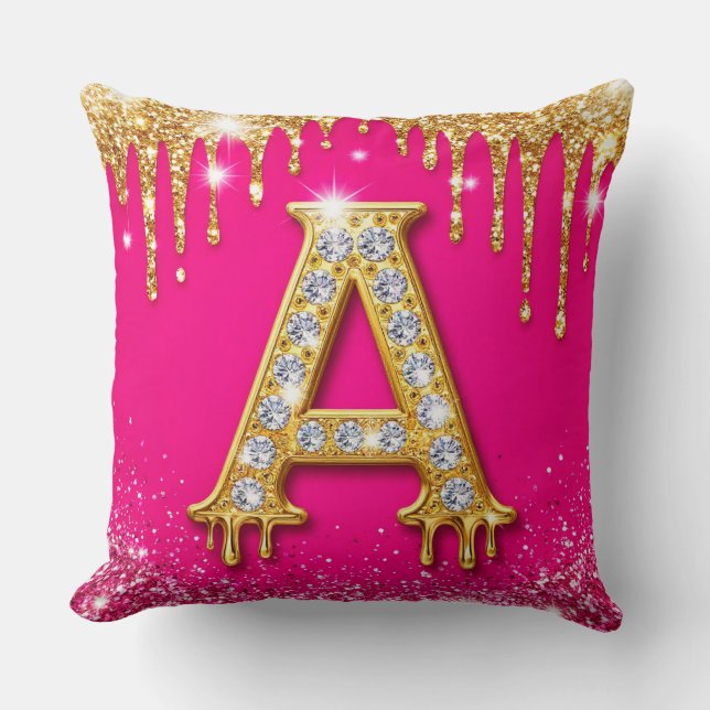 Coussin Monogramme initial A diamant pailleté rose cadre o (Recto)