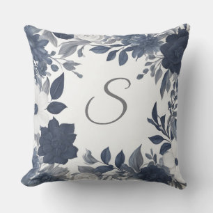 Coussin Monogramme Initial Bleu Nuit Gris Floral Maison de