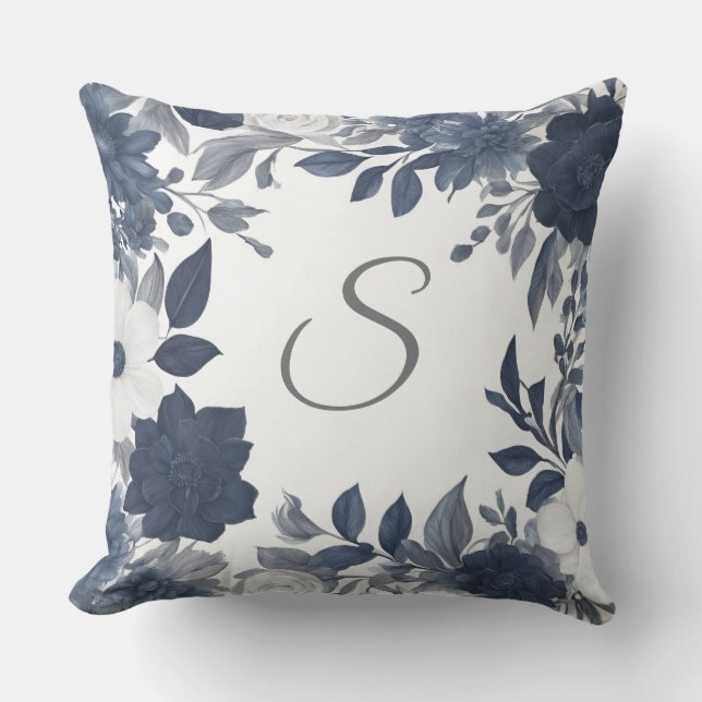 Coussin Monogramme Initial Bleu Nuit Gris Floral Maison de (Recto)