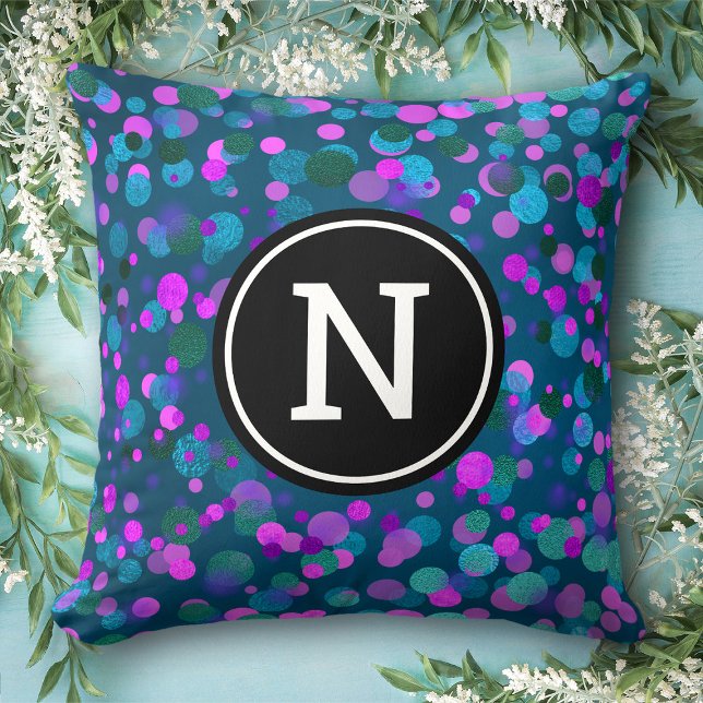 Coussin Monogramme initial bleu pourpre confetti points su (Créateur téléchargé)
