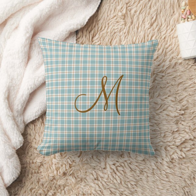 Coussin Monogramme Initial Brun Bleu Clair et Tan à Carrea (Couverture)