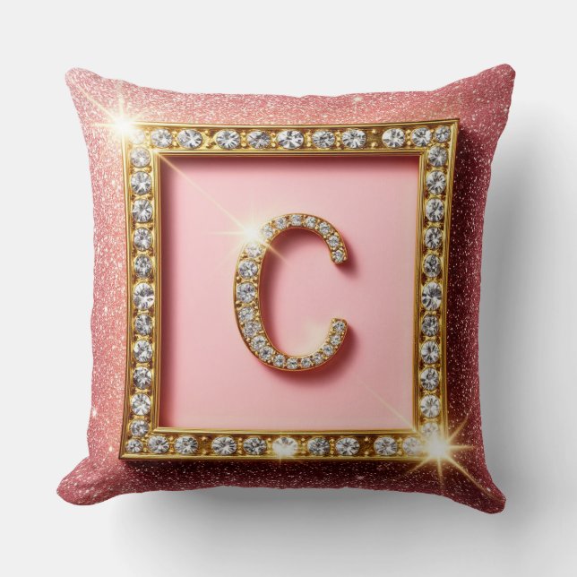 Coussin Monogramme initial C diamant pailleté rose cadre o (Recto)