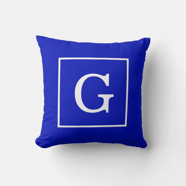 Coussin Monogramme Initial Cadre Blanc Bleu Royal (Recto)