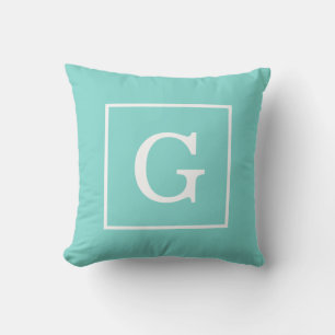 Coussin Monogramme Initial Cadre Blanc Turquoise Aqua