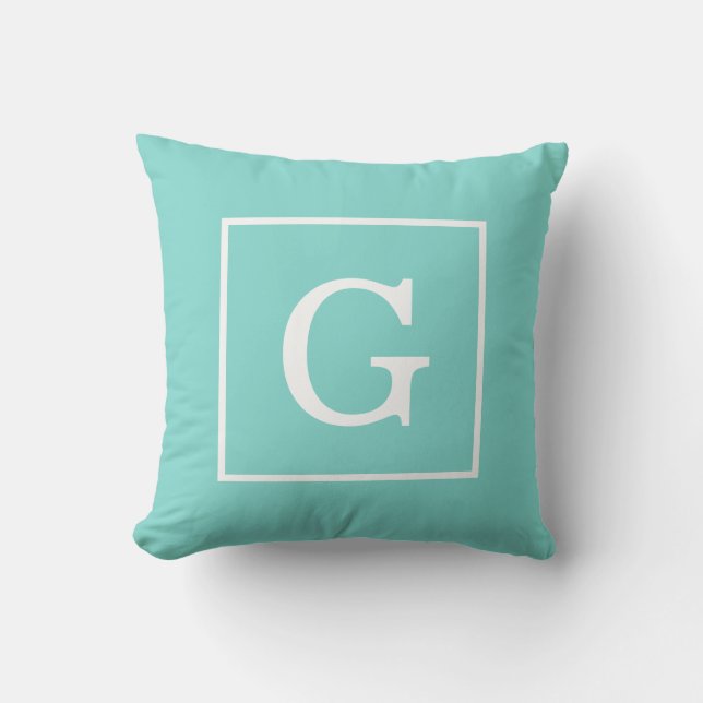 Coussin Monogramme Initial Cadre Blanc Turquoise Aqua (Recto)